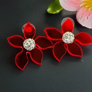 Acetate Resin Flower Stud Earrings- Red